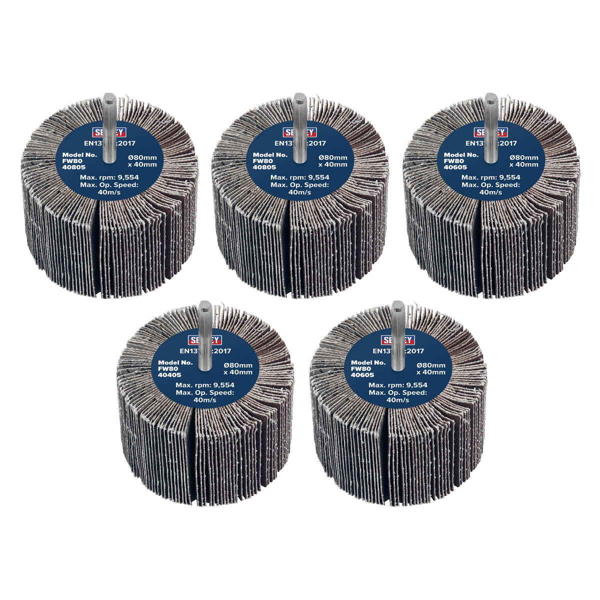 Sealey FW8040ASS 80 x 40mm Abrasive Flap Wheel 6mm Shaft Assorted Grit - Pack of 5 - FW8040ASS - Sealey Tools UK - Trade Counter Direct