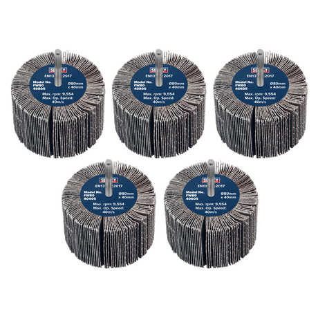 Sealey FW8040ASS 80 x 40mm Abrasive Flap Wheel 6mm Shaft Assorted Grit - Pack of 5 - FW8040ASS - Sealey Tools UK - Trade Counter Direct