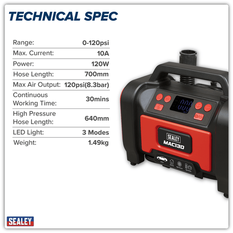 Sealey MAC13D Tyre Inflator & High-Volume Air Pump 12V/230V AC - MAC13D - Sealey Tools UK - Trade Counter Direct