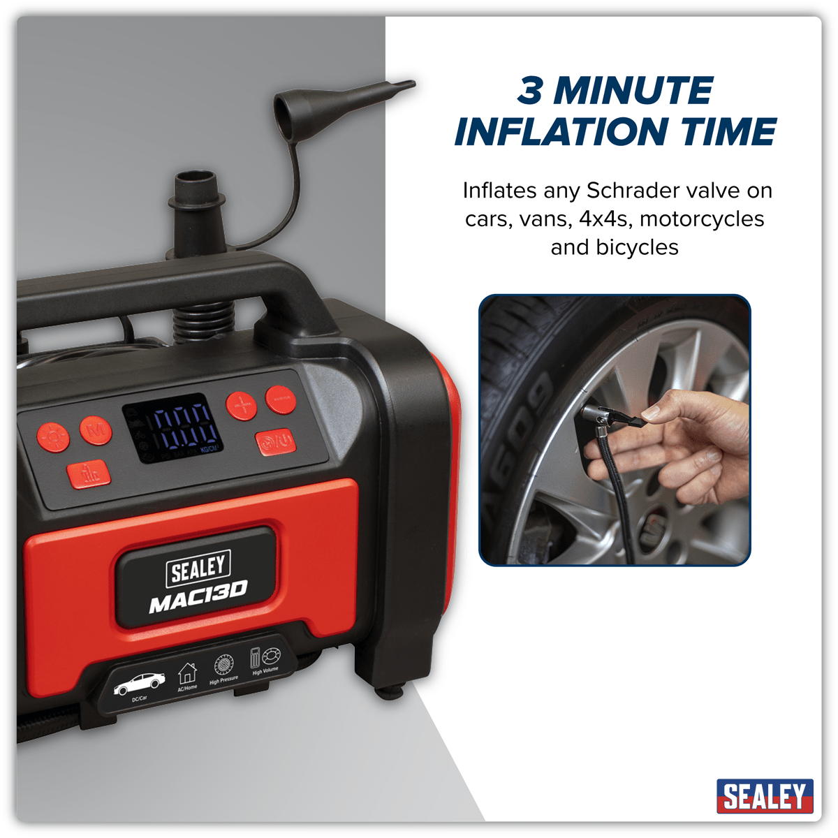 Sealey MAC13D Tyre Inflator & High-Volume Air Pump 12V/230V AC - MAC13D - Sealey Tools UK - Trade Counter Direct