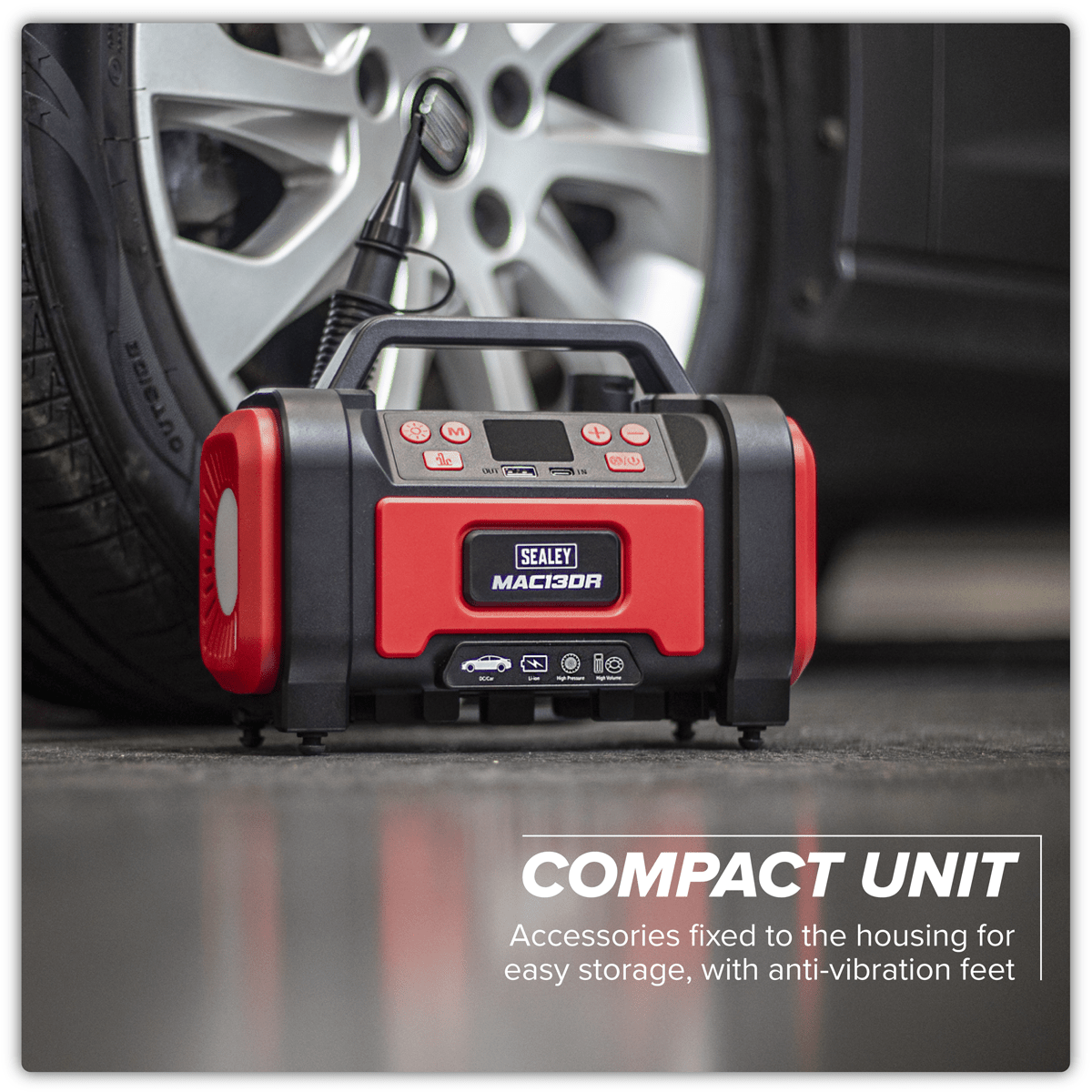 Sealey MAC13DR Rechargeable Tyre Inflator & High Volume Air Pump 12V - MAC13DR - Sealey Tools UK - Trade Counter Direct