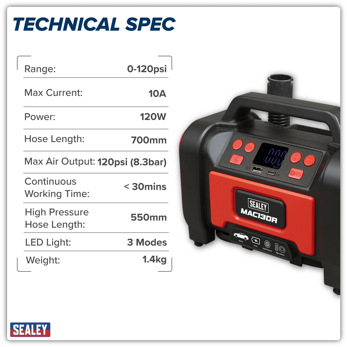 Sealey MAC13DR Rechargeable Tyre Inflator & High Volume Air Pump 12V - MAC13DR - Sealey Tools UK - Trade Counter Direct
