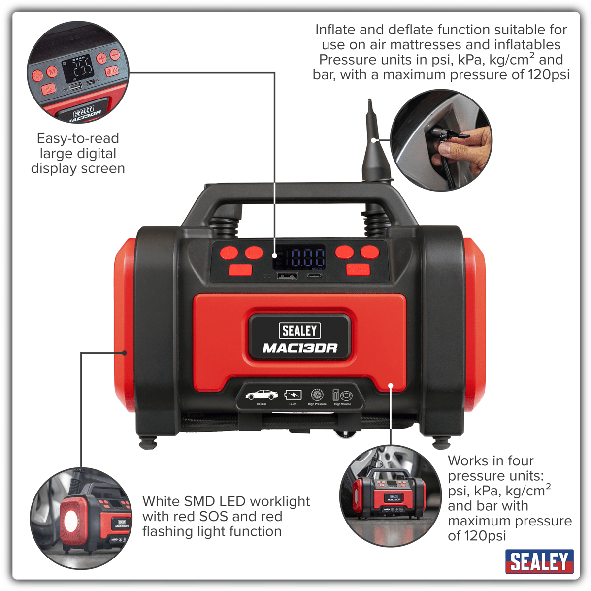 Sealey MAC13DR Rechargeable Tyre Inflator & High Volume Air Pump 12V - MAC13DR - Sealey Tools UK - Trade Counter Direct