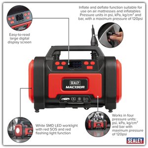 Sealey MAC13DR Rechargeable Tyre Inflator & High Volume Air Pump 12V - MAC13DR - Sealey Tools UK - Trade Counter Direct