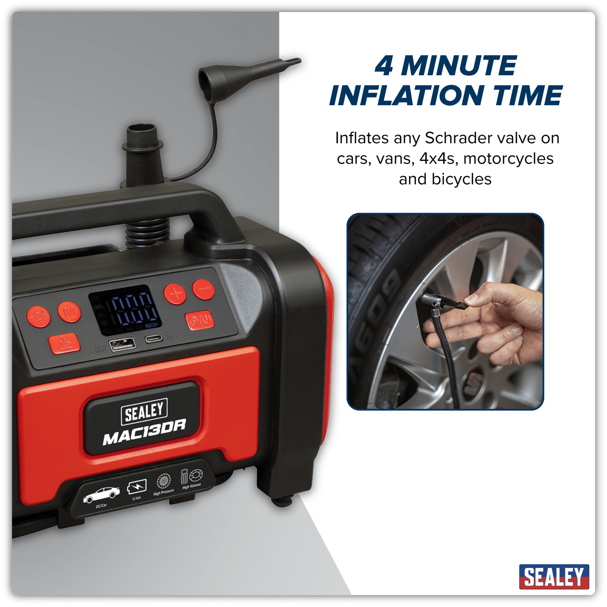 Sealey MAC13DR Rechargeable Tyre Inflator & High Volume Air Pump 12V - MAC13DR - Sealey Tools UK - Trade Counter Direct