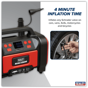 Sealey MAC13DR Rechargeable Tyre Inflator & High Volume Air Pump 12V - MAC13DR - Sealey Tools UK - Trade Counter Direct