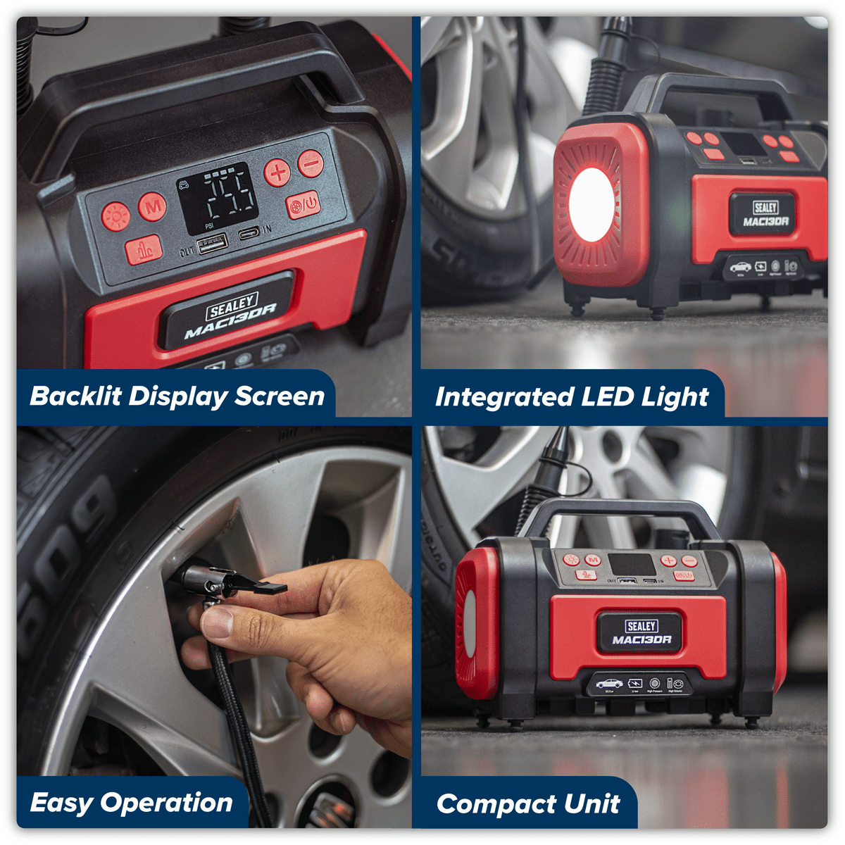 Sealey MAC13DR Rechargeable Tyre Inflator & High Volume Air Pump 12V - MAC13DR - Sealey Tools UK - Trade Counter Direct