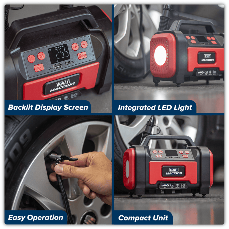 Sealey MAC13DR Rechargeable Tyre Inflator & High Volume Air Pump 12V - MAC13DR - Sealey Tools UK - Trade Counter Direct