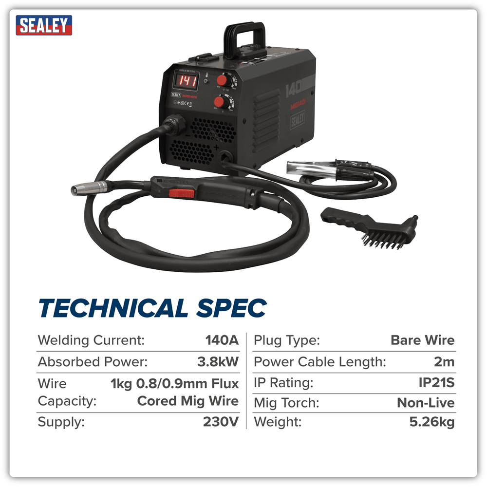 Sealey MIG140I Flux Cored Gasless MIG Inverter Welder 140A - MIG140I - Sealey Tools UK - Trade Counter Direct