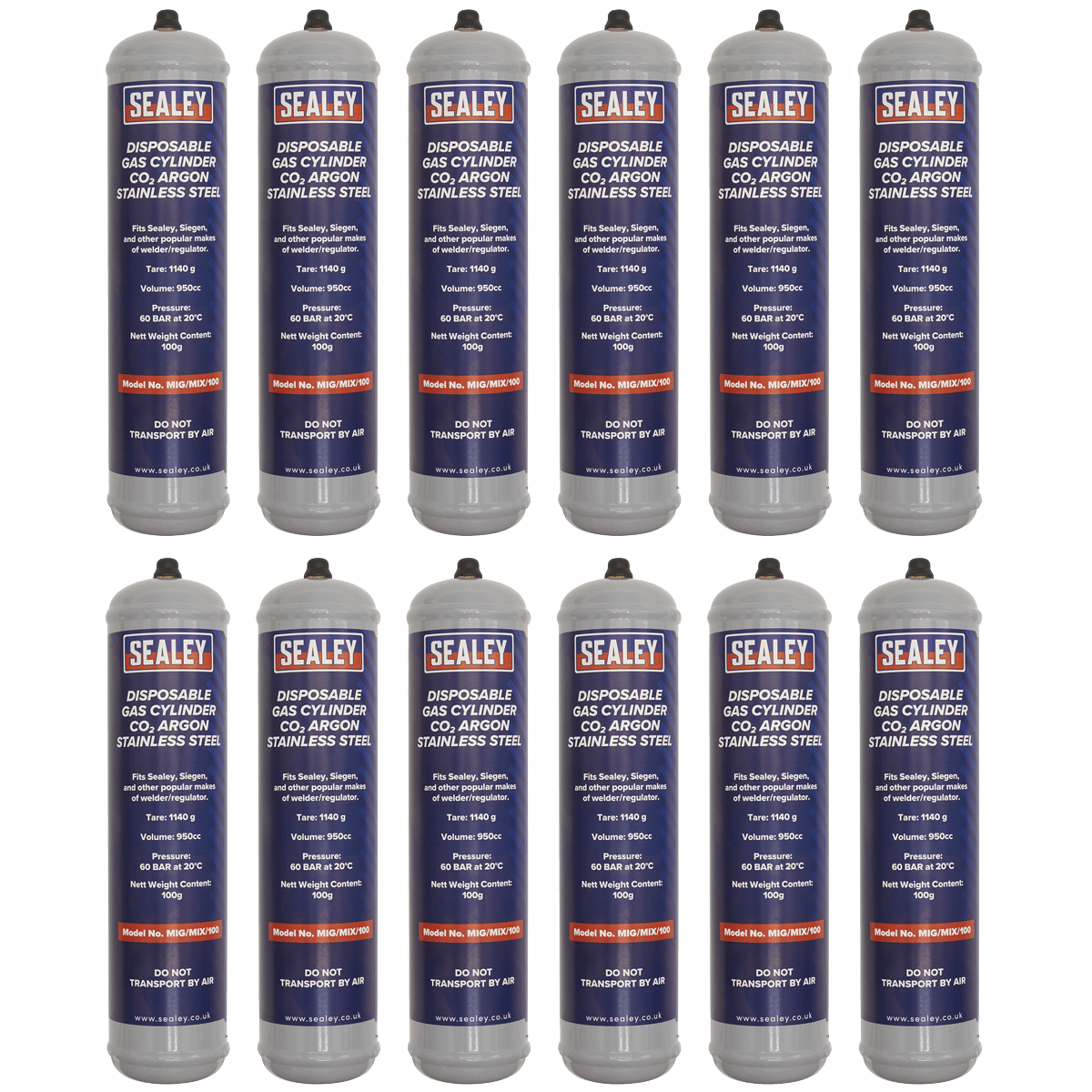 Sealey MIG/MIX/100/12 Disposable Carbon Dioxide/Argon Gas Cylinder 100g - Box of 12 - MIG/MIX/100/12 - Sealey Tools UK - Trade Counter Direct