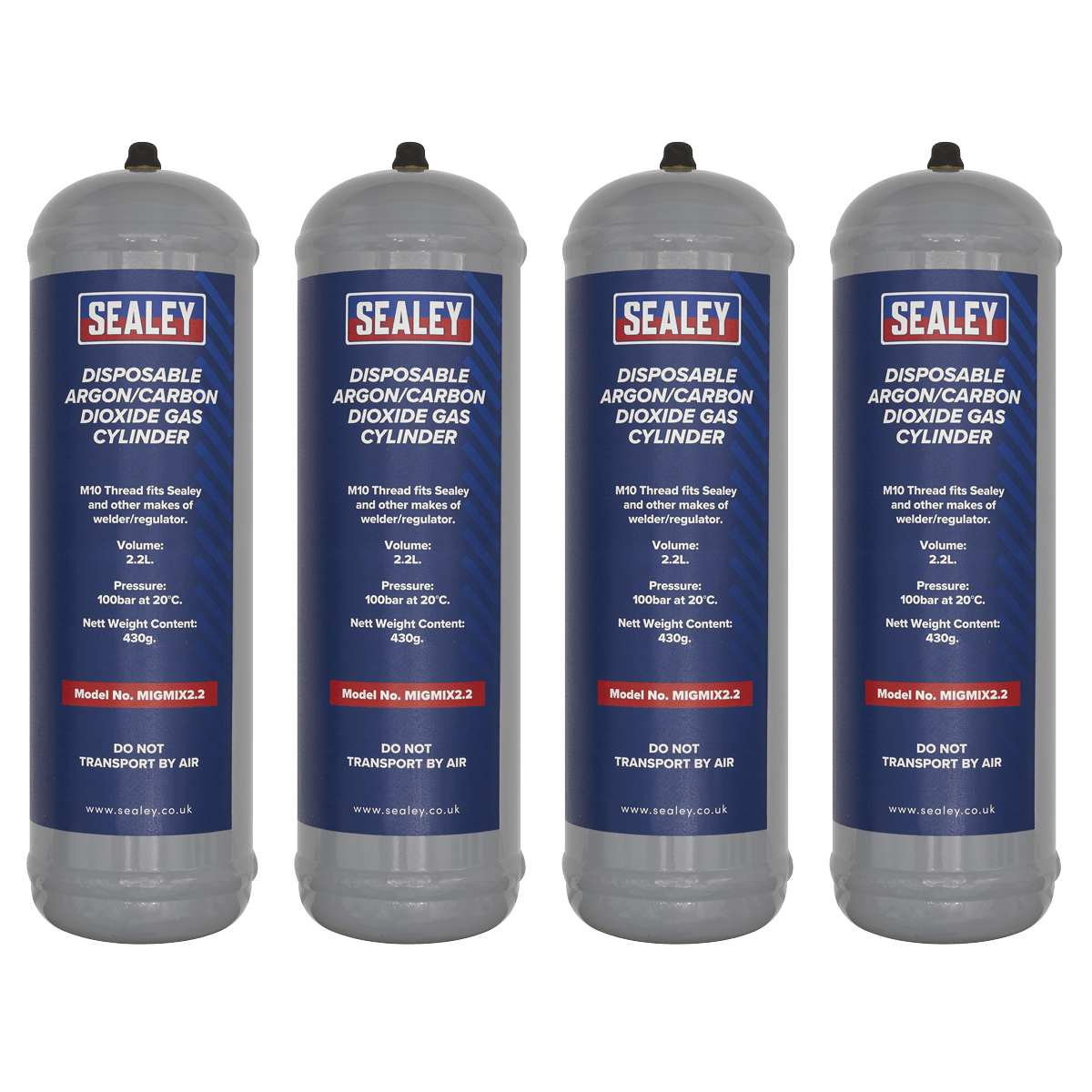 Sealey MIGMIX2.24 Disposable Argon/Carbon Dioxide Gas Cylinder 430g, 2.2L - Pack of 4 - MIGMIX2.24 - Sealey Tools UK - Trade Counter Direct