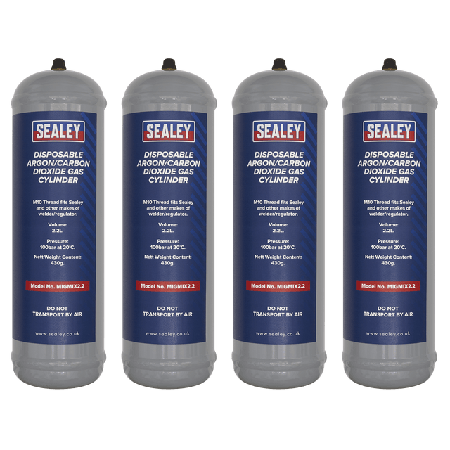 Sealey MIGMIX2.24 Disposable Argon/Carbon Dioxide Gas Cylinder 430g, 2.2L - Pack of 4 - MIGMIX2.24 - Sealey Tools UK - Trade Counter Direct