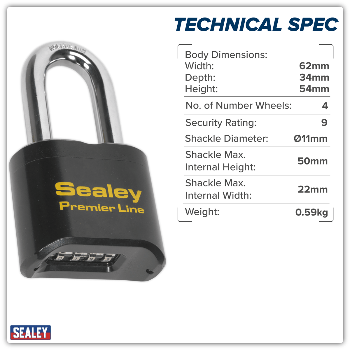 Sealey PL603L Premier™ Steel Body Combination Padlock Long Shackle 62mm - PL603L - Sealey Tools UK - Trade Counter Direct