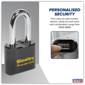 Sealey PL603L Premier™ Steel Body Combination Padlock Long Shackle 62mm - PL603L - Sealey Tools UK - Trade Counter Direct