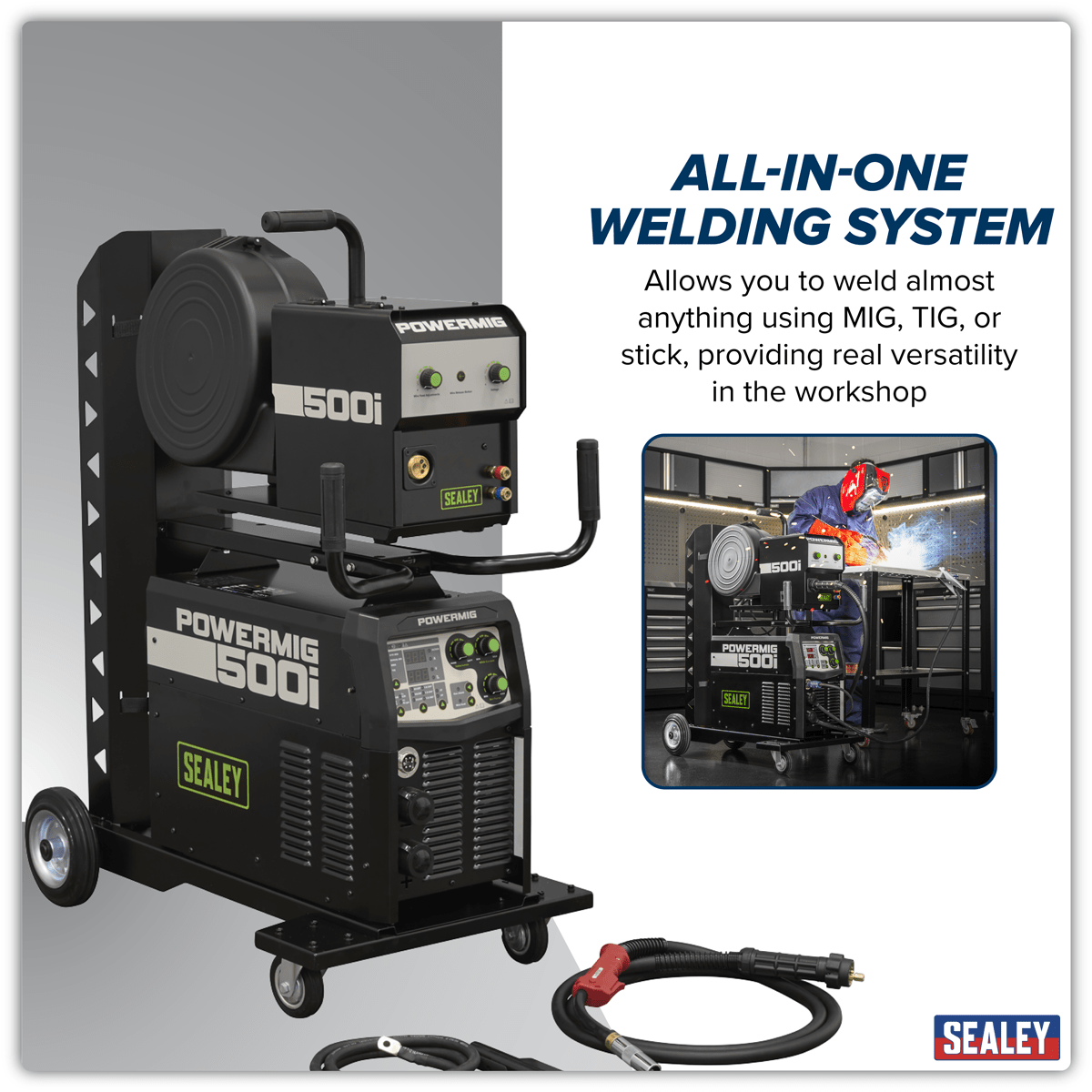 Sealey POWERMIG500I 500A Professional Gas/Gasless MIG/TIG/MMA Inverter Welder With Portable Wire Feeder 400V/3ph - POWERMIG500I - Sealey Tools UK - Trade Counter Direct
