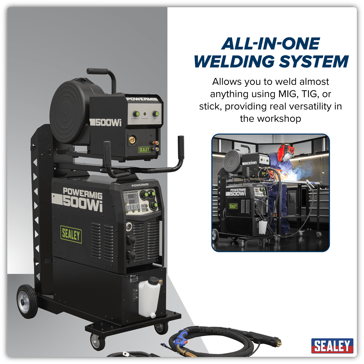 Sealey POWERMIG500WI 500A Professional Gas/Gasless MIG/TIG/MMA Inverter Welder with Portable Wire Feeder & Water Cooler 400V 3ph - POWERMIG500WI - Sealey Tools UK - Trade Counter Direct