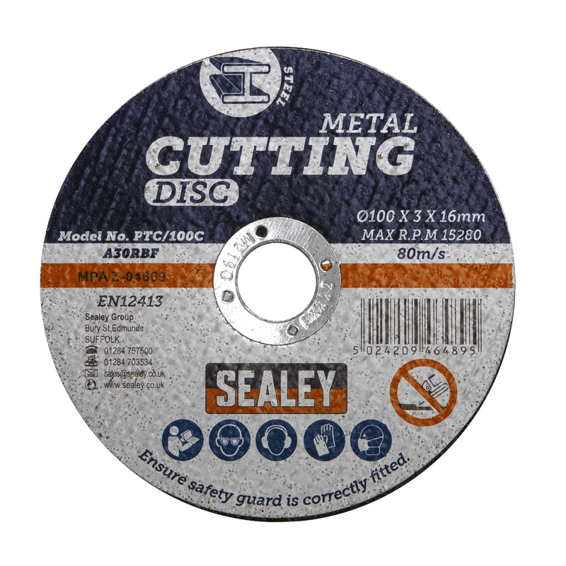 Sealey PTC/100C50 100 x 3mm Cutting Disc 16mm Bore - Pack of 50 - PTC/100C50 - Sealey Tools UK - Trade Counter Direct