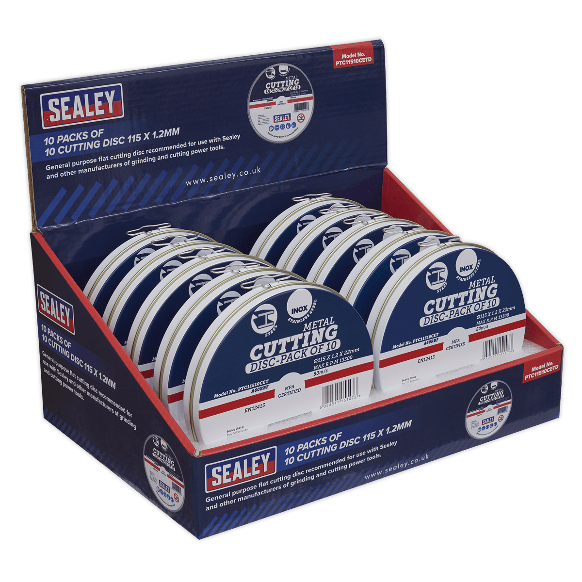 Sealey PTC11510CETD Cutting Disc 115 x 1.2mm Countertop Display Box 10 Packs of 10 - PTC11510CETD - Sealey Tools UK - Trade Counter Direct