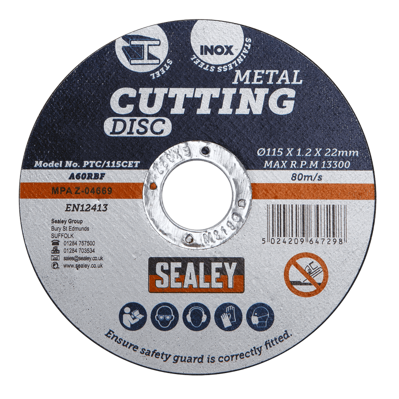 Sealey PTC115CET50 115 x 1.2mm Cutting Disc 22mm Bore - Pack of 50 - PTC115CET50 - Sealey Tools UK - Trade Counter Direct