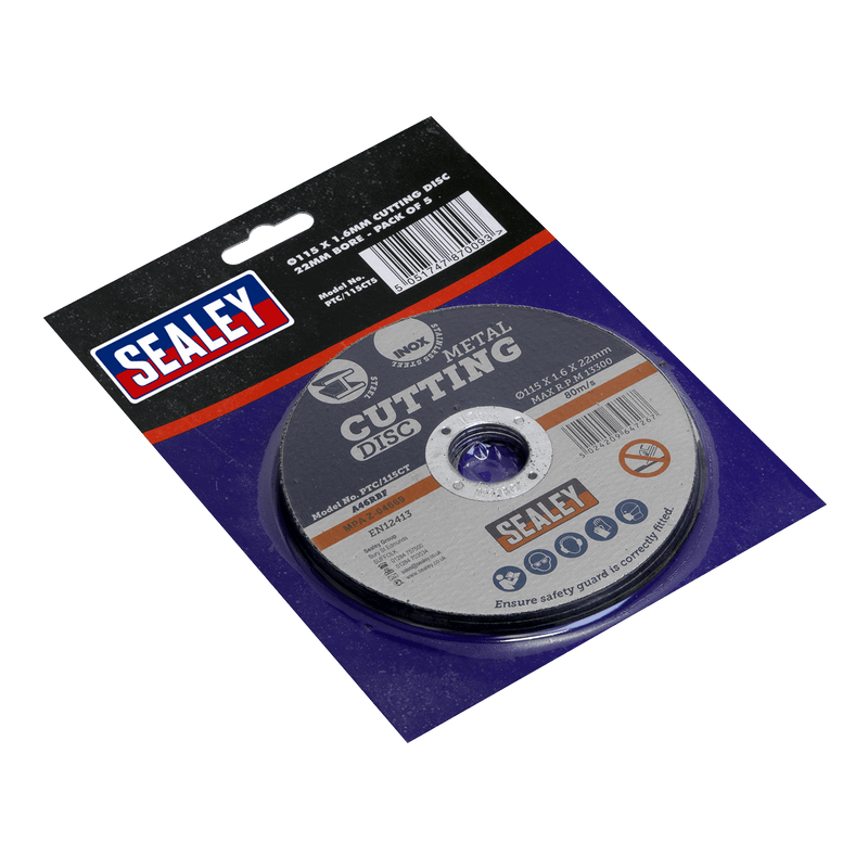 Sealey PTC/115CT5 115 x 1.6mm Cutting Disc 22mm Bore - Pack of 5 - PTC/115CT5 - Sealey Tools UK - Trade Counter Direct