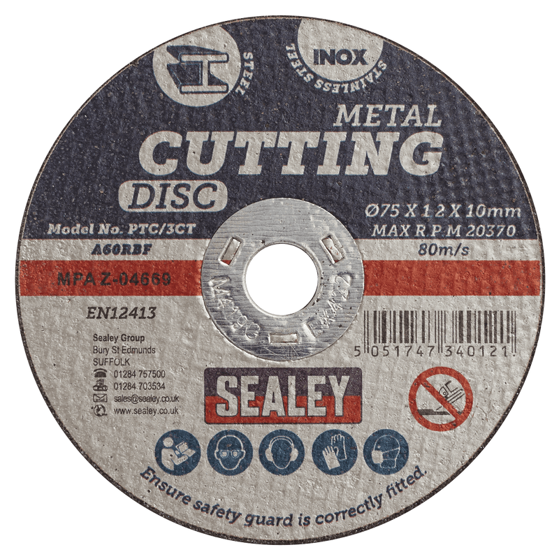 Sealey PTC/3CT100 75 x 1.2mm Cutting Disc 10mm Bore - Pack of 100 - PTC/3CT100 - Sealey Tools UK - Trade Counter Direct