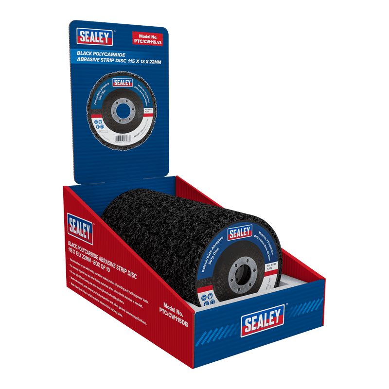 Sealey PTC/CW115DB 115 x 13mm Black Polycarbide Abrasive Strip Disc 22mm Bore - Display Box of 10 - PTC/CW115DB - Sealey Tools UK - Trade Counter Direct