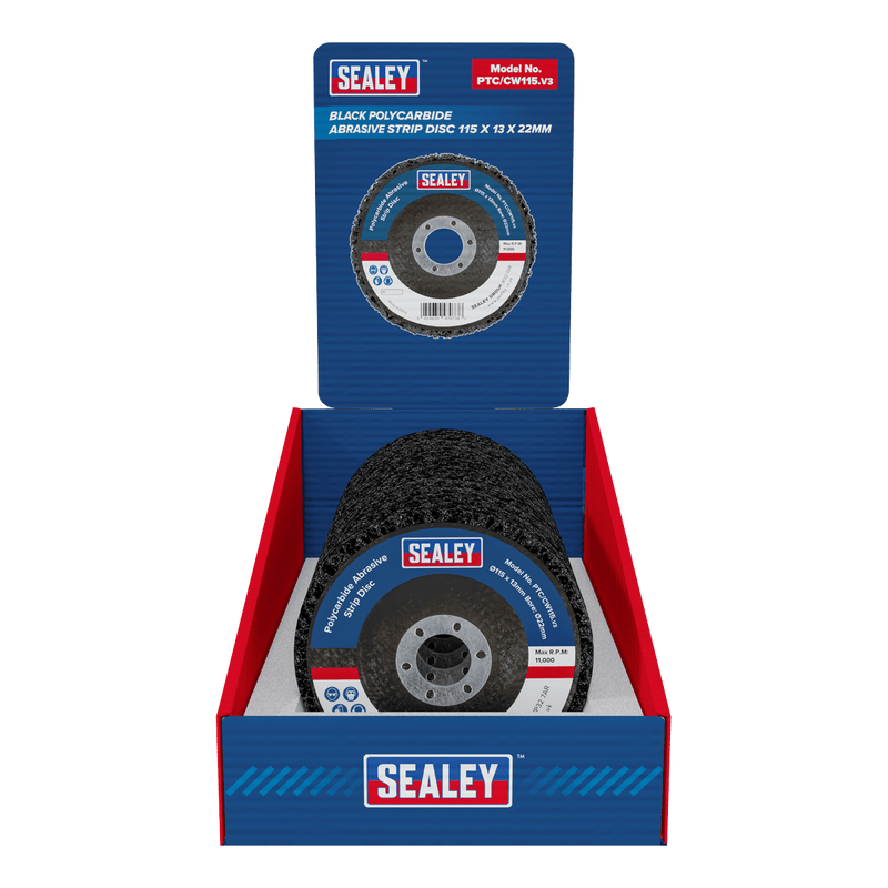 Sealey PTC/CW115DB 115 x 13mm Black Polycarbide Abrasive Strip Disc 22mm Bore - Display Box of 10 - PTC/CW115DB - Sealey Tools UK - Trade Counter Direct