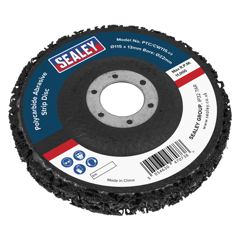Sealey PTC/CW115DB 115 x 13mm Black Polycarbide Abrasive Strip Disc 22mm Bore - Display Box of 10 - PTC/CW115DB - Sealey Tools UK - Trade Counter Direct
