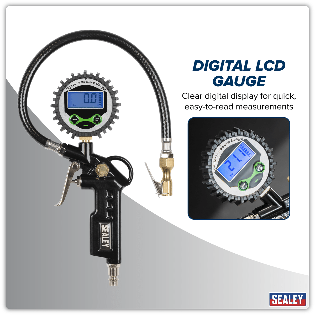 Sealey SA332D Digital Pistol Grip Tyre Inflator with Clip-On Connector - SA332D - Sealey Tools UK - Trade Counter Direct