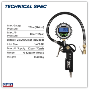 Sealey SA332D Digital Pistol Grip Tyre Inflator with Clip-On Connector - SA332D - Sealey Tools UK - Trade Counter Direct