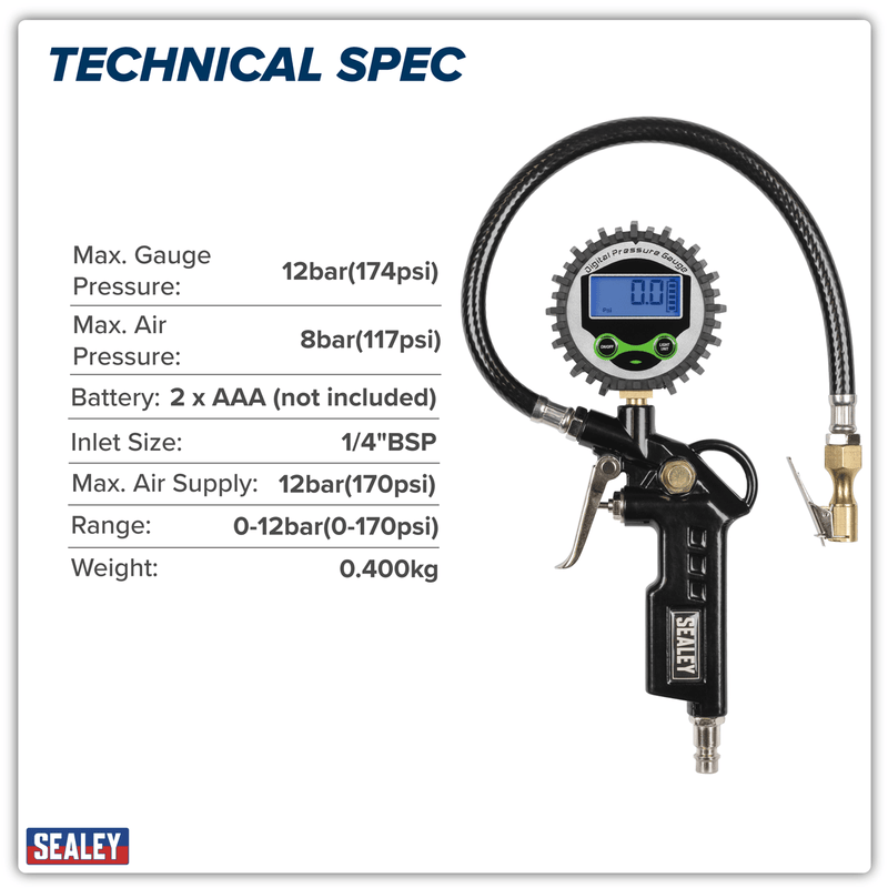 Sealey SA332D Digital Pistol Grip Tyre Inflator with Clip-On Connector - SA332D - Sealey Tools UK - Trade Counter Direct