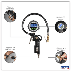 Sealey SA332D Digital Pistol Grip Tyre Inflator with Clip-On Connector - SA332D - Sealey Tools UK - Trade Counter Direct