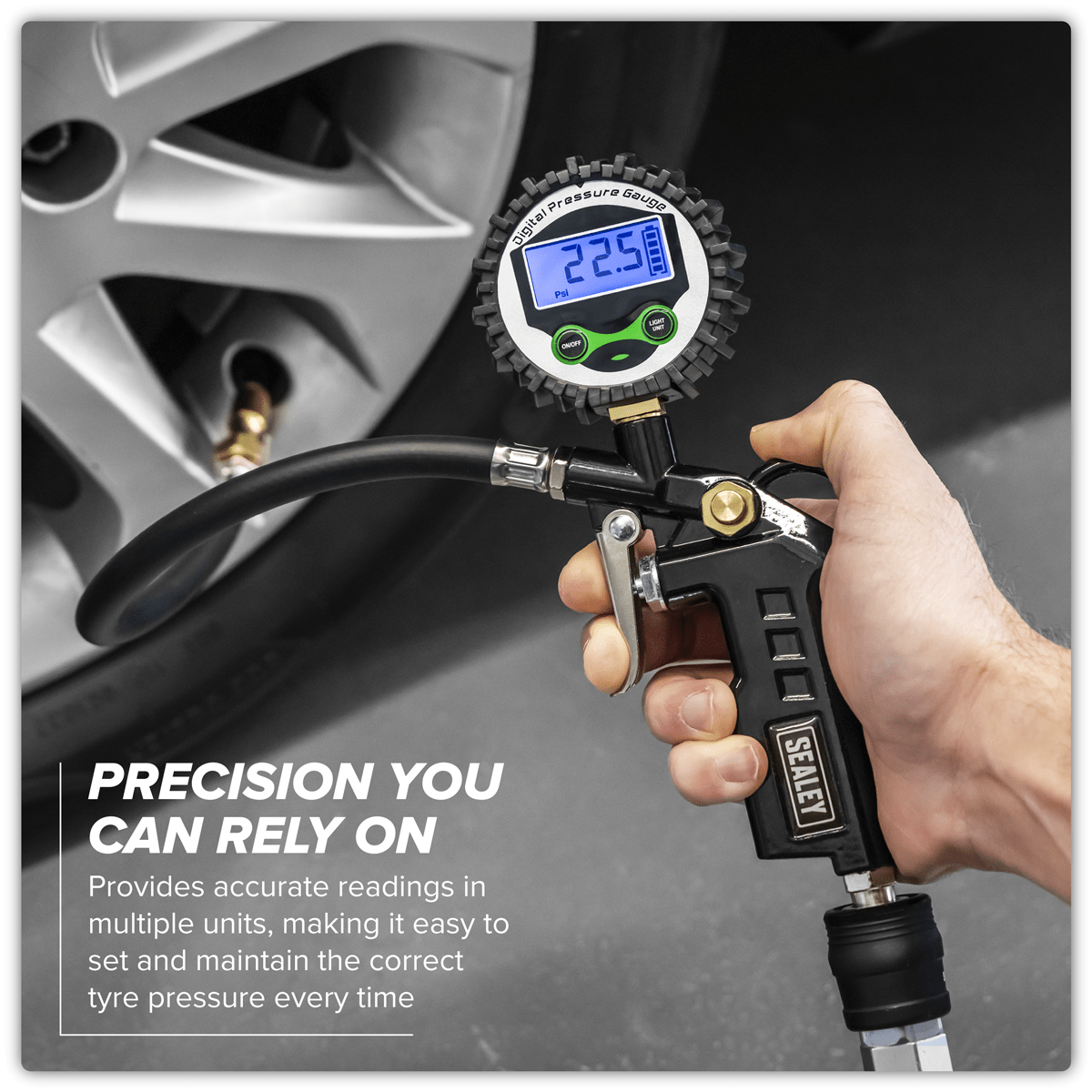 Sealey SA332D Digital Pistol Grip Tyre Inflator with Clip-On Connector - SA332D - Sealey Tools UK - Trade Counter Direct