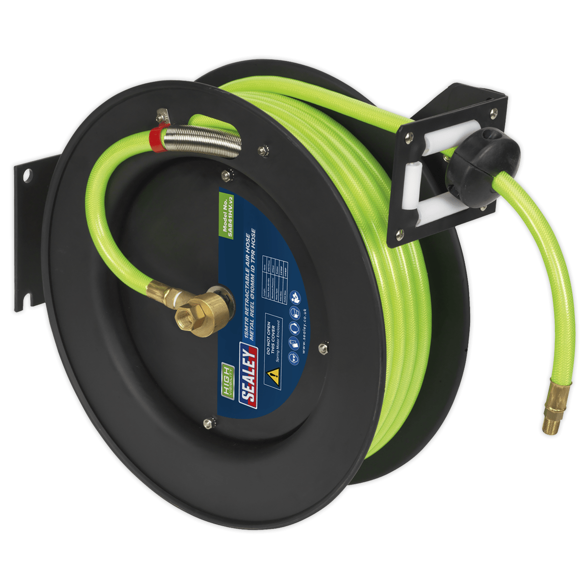 Sealey SA841HV Retractable Air Hose Metal Reel 15m Ø10mm ID High - Visibility TPR Hose - SA841HV - Sealey Tools UK - Trade Counter Direct
