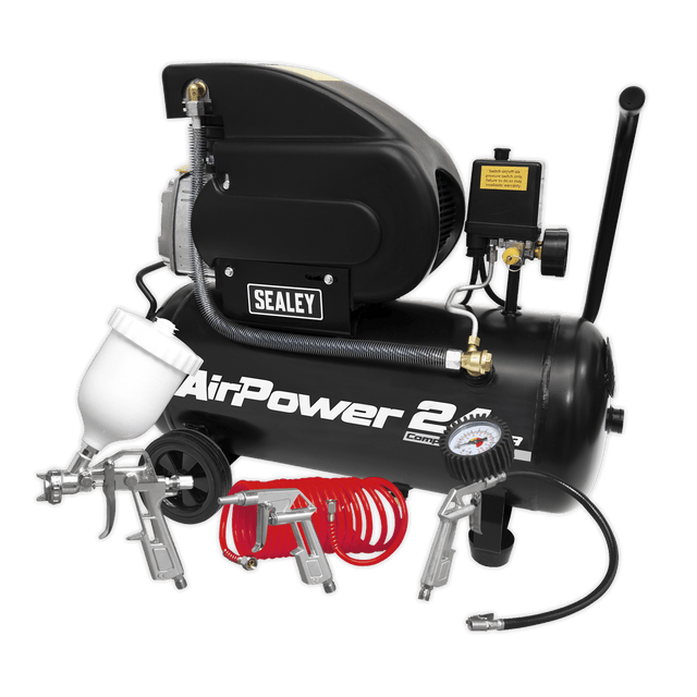 Sealey SAC2420APK Air Compressor 24L Direct Drive 2hp with 4pc Air Accessory Kit - SAC2420APK - Sealey Tools UK - Trade Counter Direct
