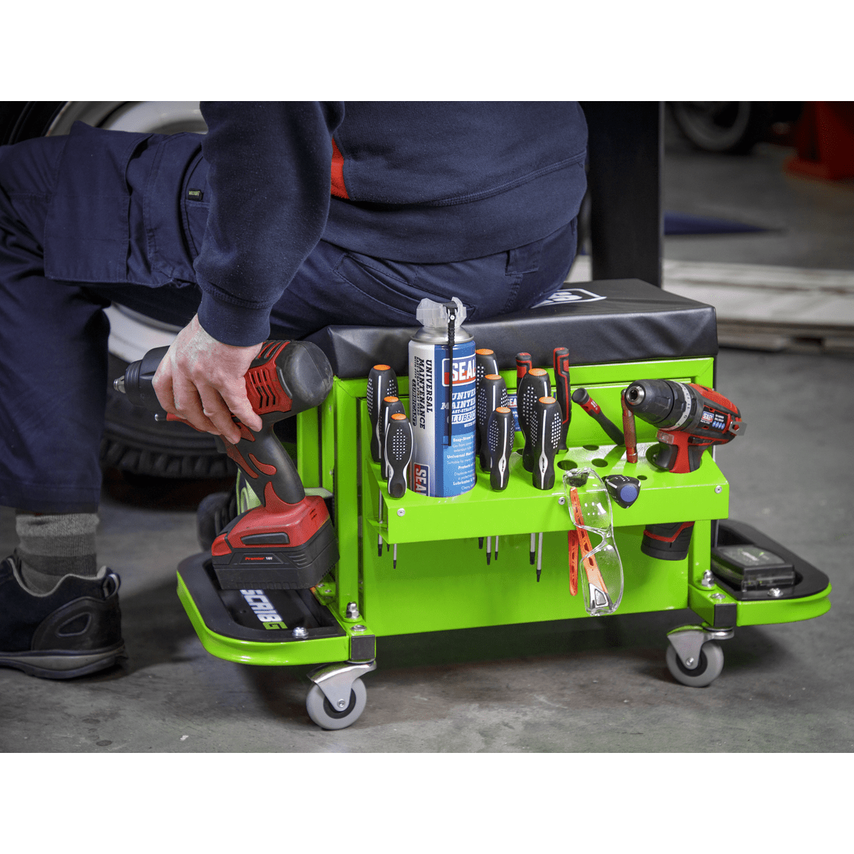 Sealey SCR18G Mechanic's Utility Seat & Toolbox - Green - SCR18G - Sealey Tools UK - Trade Counter Direct