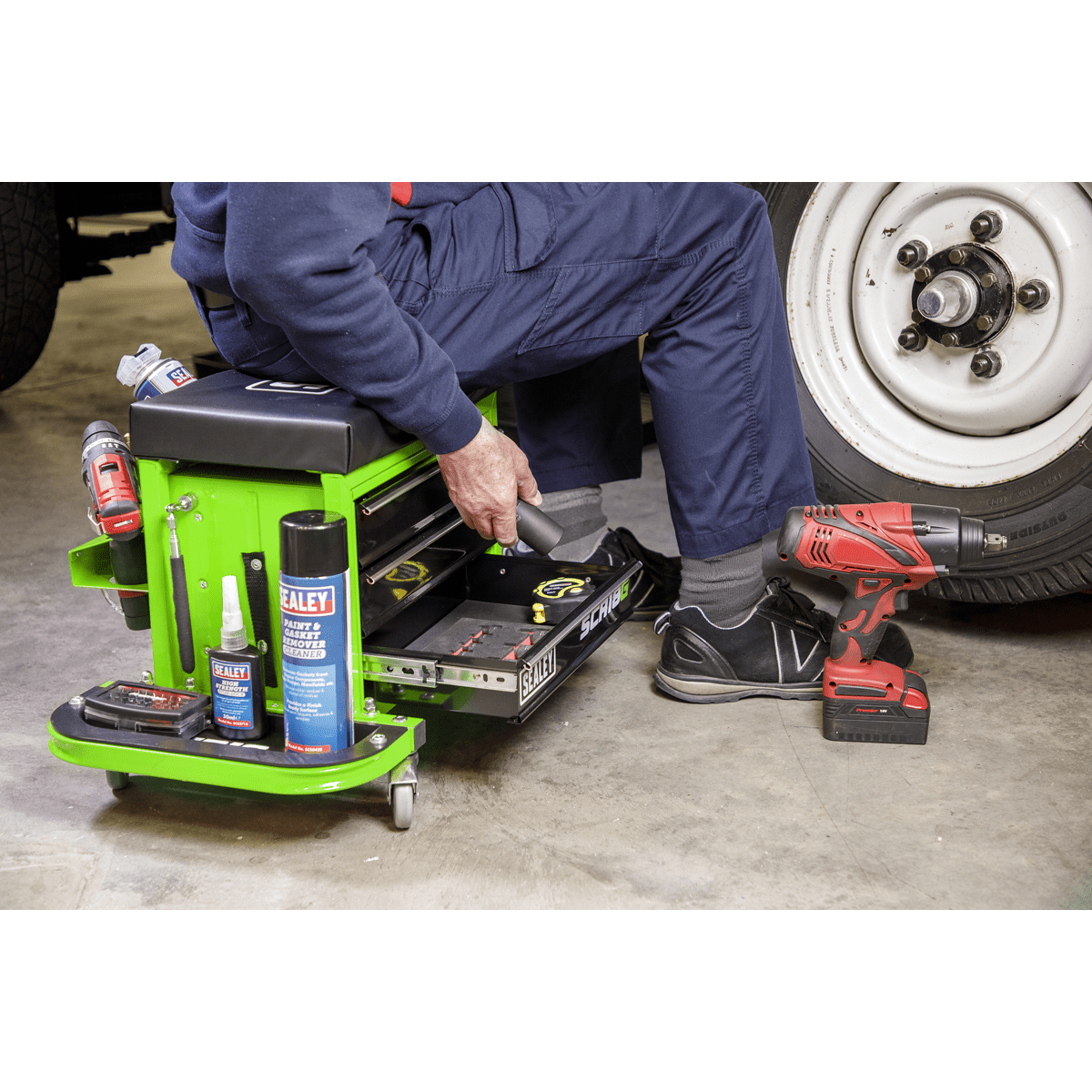 Sealey SCR18G Mechanic's Utility Seat & Toolbox - Green - SCR18G - Sealey Tools UK - Trade Counter Direct