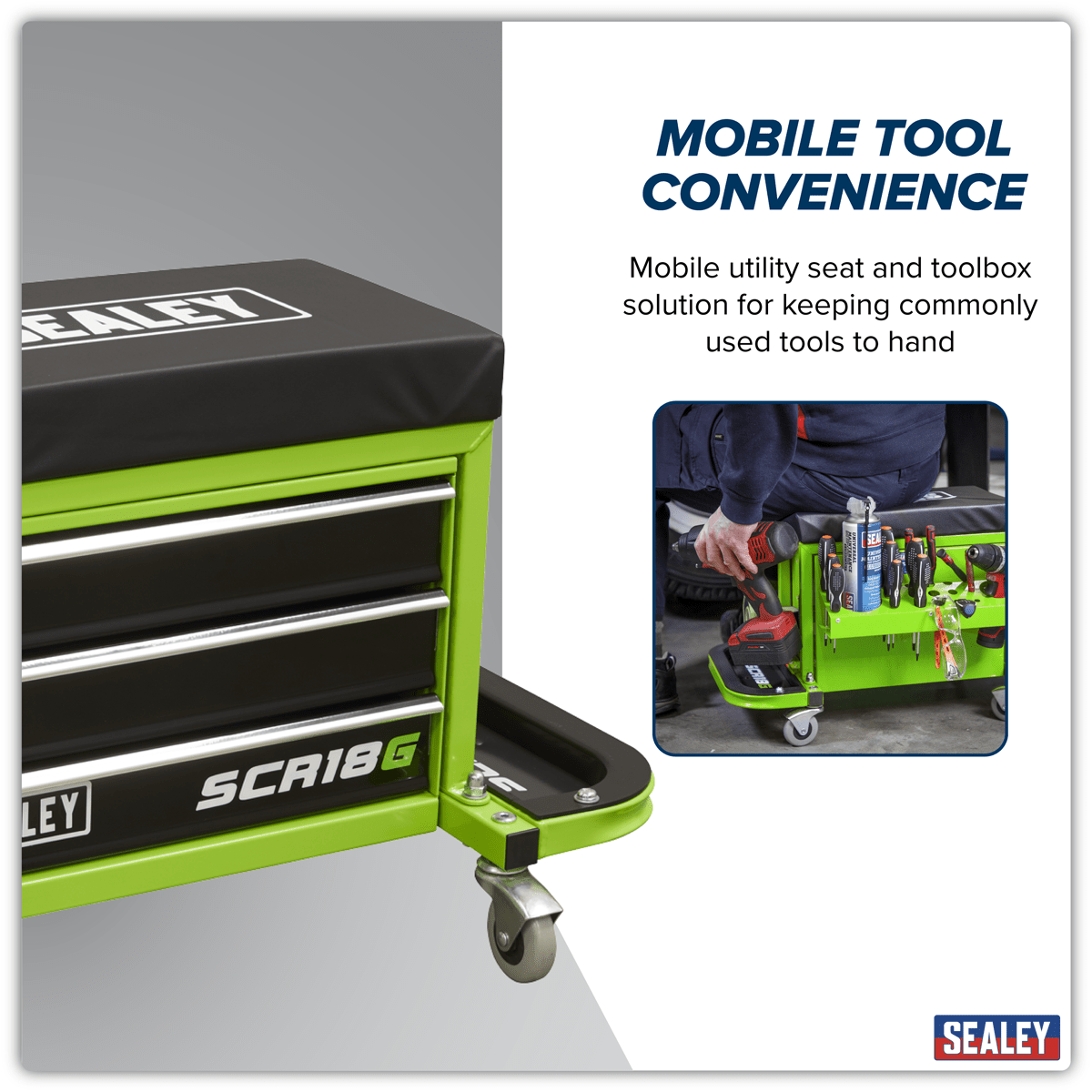 Sealey SCR18G Mechanic's Utility Seat & Toolbox - Green - SCR18G - Sealey Tools UK - Trade Counter Direct