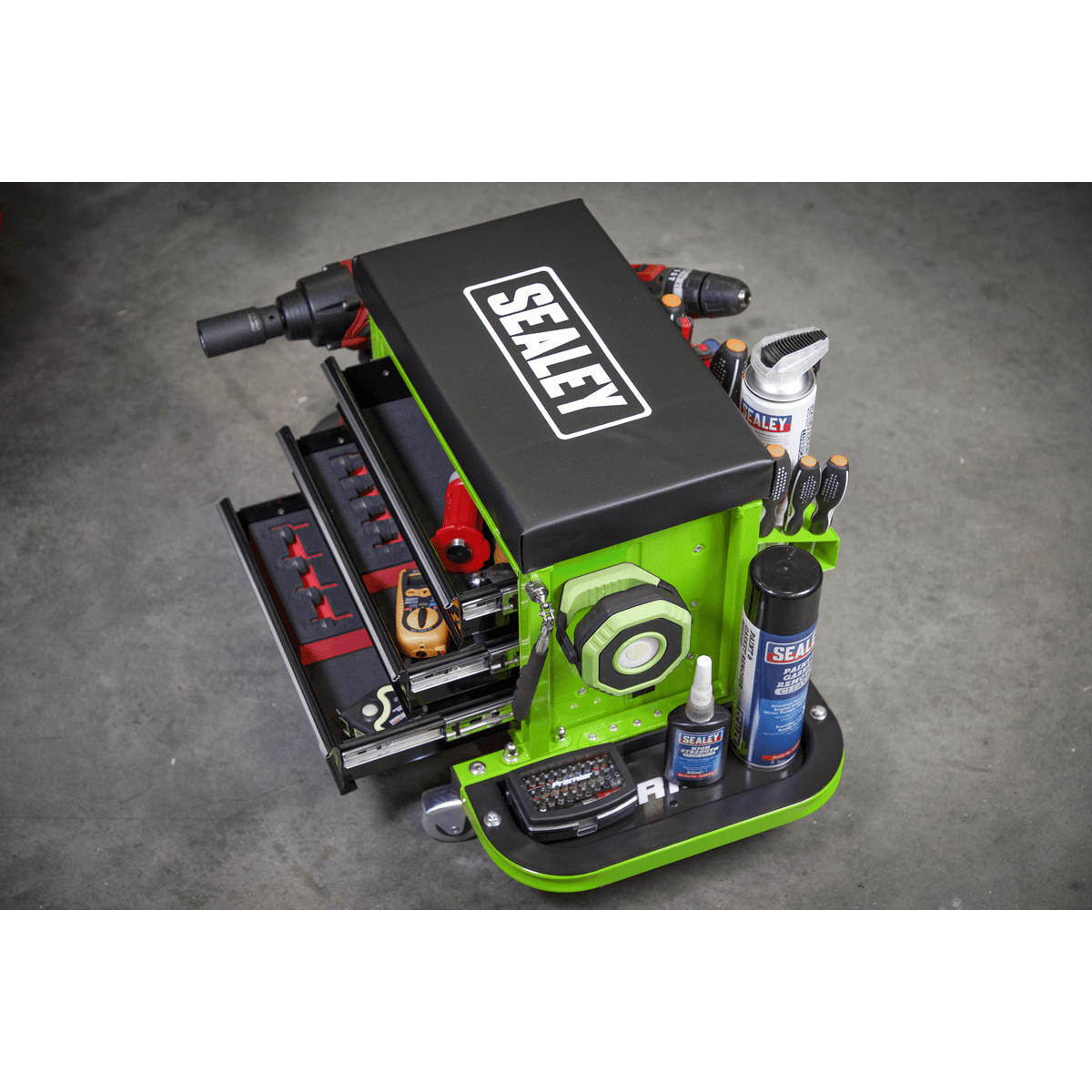 Sealey SCR18G Mechanic's Utility Seat & Toolbox - Green - SCR18G - Sealey Tools UK - Trade Counter Direct