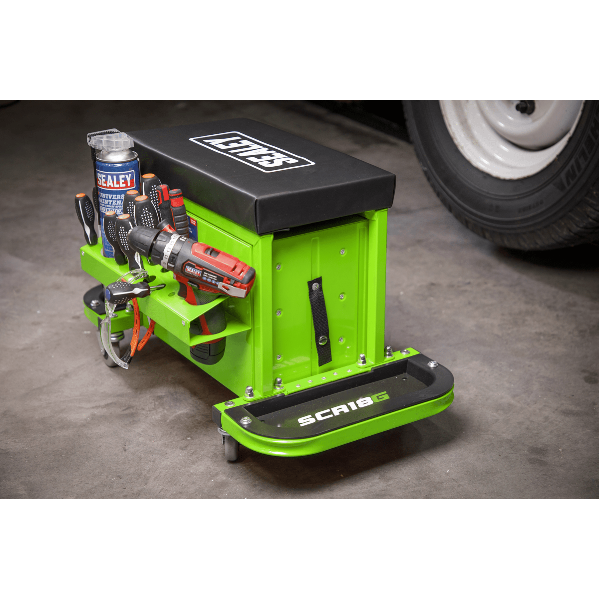 Sealey SCR18G Mechanic's Utility Seat & Toolbox - Green - SCR18G - Sealey Tools UK - Trade Counter Direct