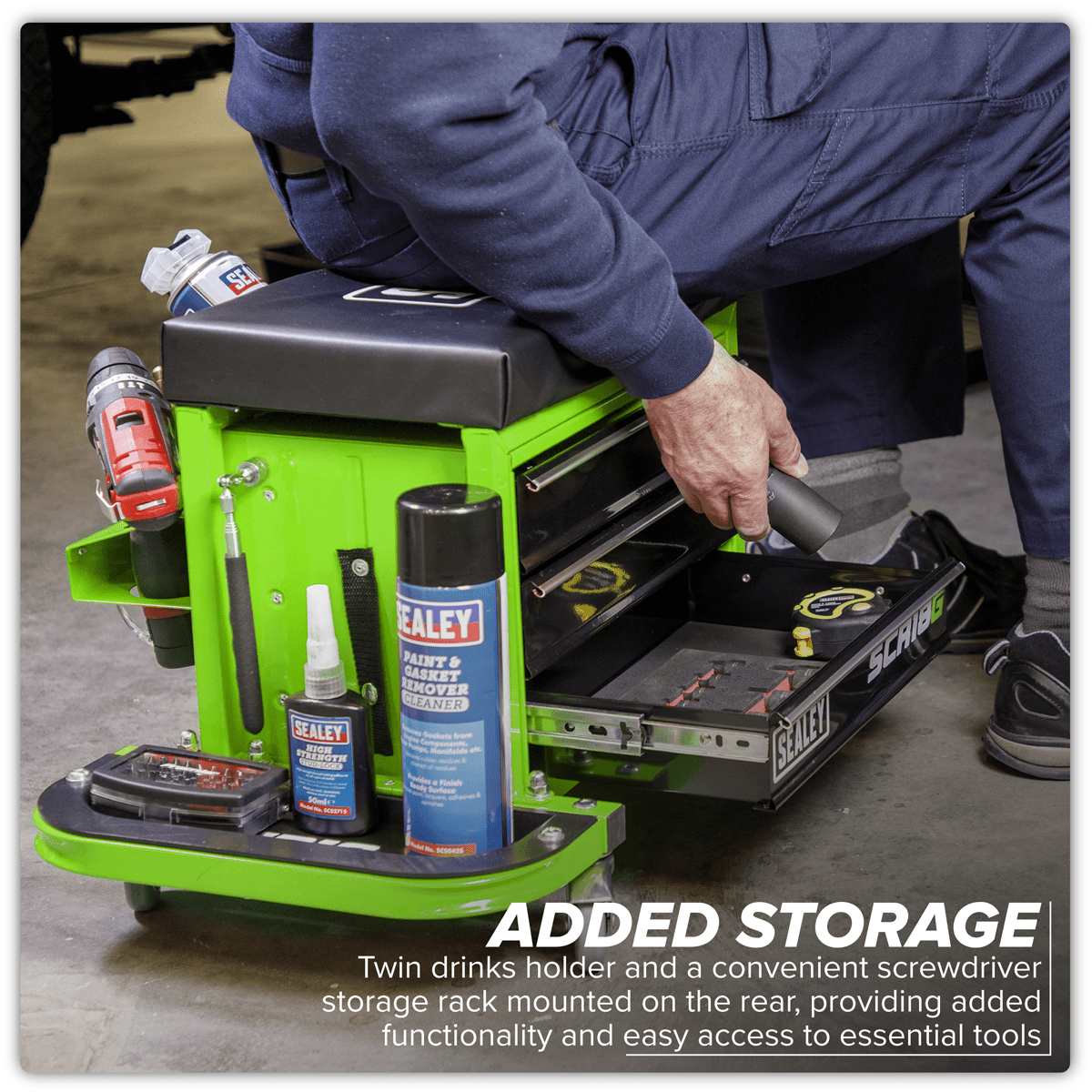 Sealey SCR18G Mechanic's Utility Seat & Toolbox - Green - SCR18G - Sealey Tools UK - Trade Counter Direct