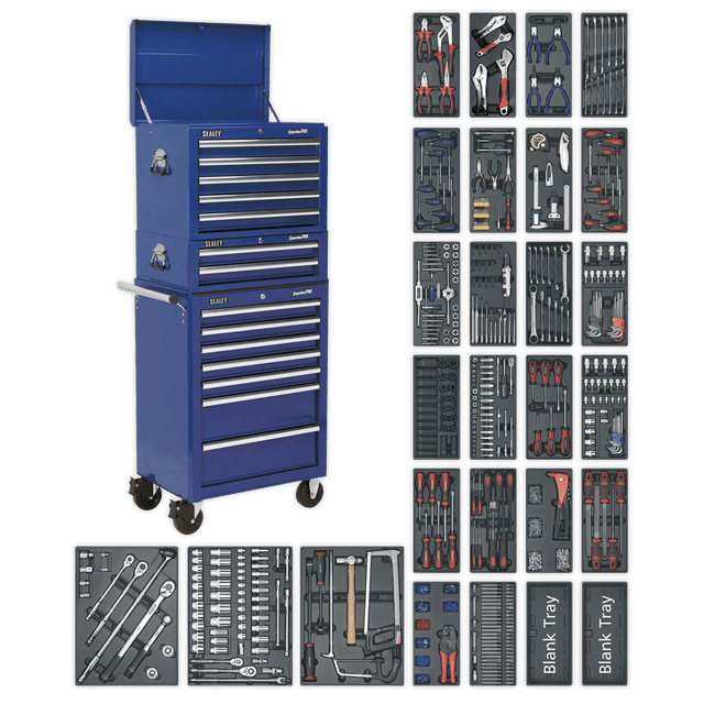 Sealey SPTCCOMBO1 Tool Chest Combination 14 Drawer with Ball Bearing Slides - Blue & 1179pc Tool Kit - SPTCCOMBO1 - Sealey Tools UK - Trade Counter Direct