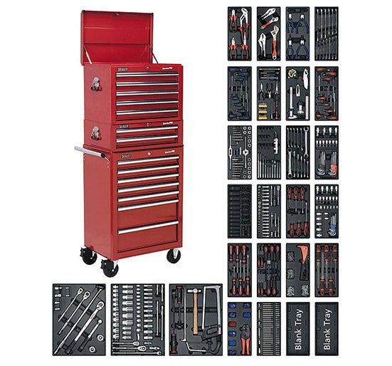 Sealey SPTCOMBO1 Tool Chest Combination 14 Drawer with Ball Bearing Runners - Red & 1179pc Tool Kit - Combo Kits - SLY-15357 - Sealey Tools UK - Trade Counter Direct