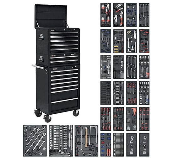 Sealey SPTCOMBO2 Tool Chest Combination 14 Drawer with Ball Bearing Runners - Black & 1179pc Tool Kit - Combo Kits - SLY-15356 - Sealey Tools UK - Trade Counter Direct
