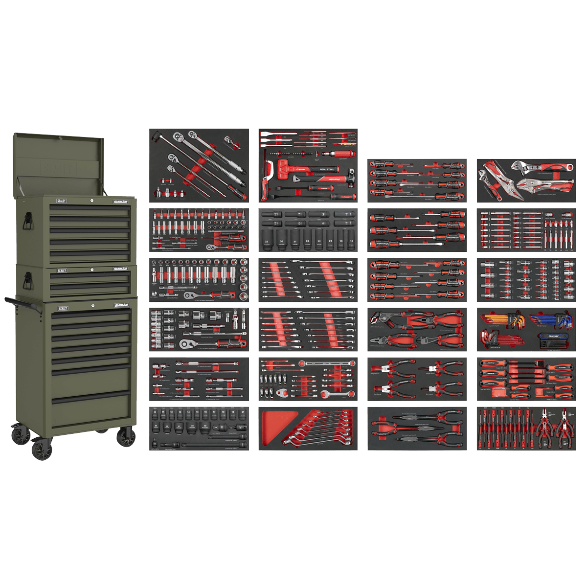 Sealey SPTCOMBO3K Superline PRO® Tool Chest Combination 14 Drawer with 447pc Tool Kit - Khaki - SPTCOMBO3K - Sealey Tools UK - Trade Counter Direct