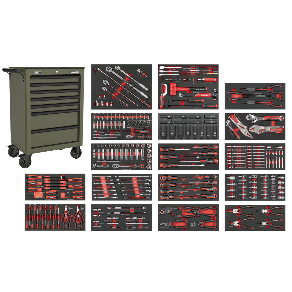 Sealey SPTCOMBO4K Superline PRO® Rollcab 7 Drawer with 305pc Tool Kit - Khaki - SPTCOMBO4K - Sealey Tools UK - Trade Counter Direct