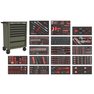 Sealey SPTCOMBO4K Superline PRO® Rollcab 7 Drawer with 305pc Tool Kit - Khaki - SPTCOMBO4K - Sealey Tools UK - Trade Counter Direct