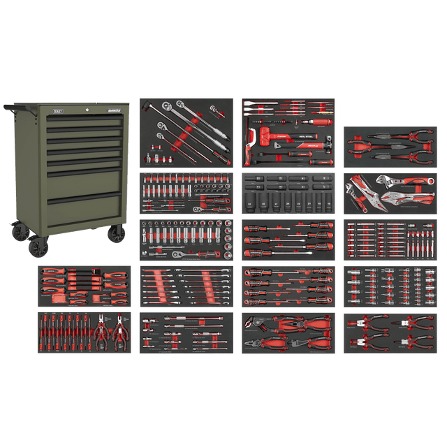 Sealey SPTCOMBO4K Superline PRO® Rollcab 7 Drawer with 305pc Tool Kit - Khaki - SPTCOMBO4K - Sealey Tools UK - Trade Counter Direct