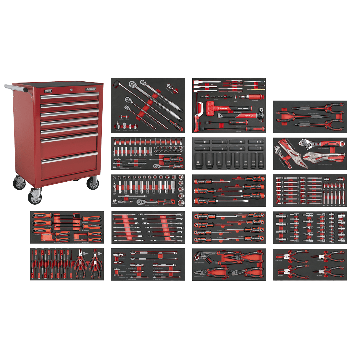 Sealey SPTCOMBO4R Superline PRO® Rollcab 7 Drawer with 305pc Tool Kit - Red - SPTCOMBO4R - Sealey Tools UK - Trade Counter Direct