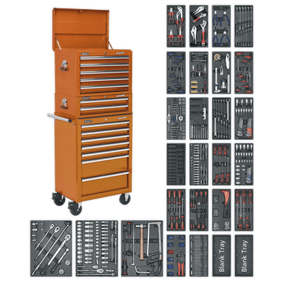 Sealey SPTOCOMBO1 Tool Chest Combination 14 Drawer with Ball Bearing Slides - Orange & 1179pc Tool Kit - SPTOCOMBO1 - Sealey Tools UK - Trade Counter Direct